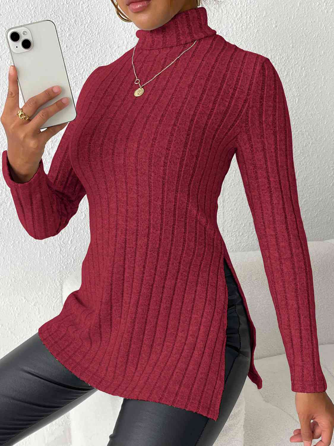 Ribbed Turtleneck Long Sleeve Slit T-Shirt - Flyclothing LLC