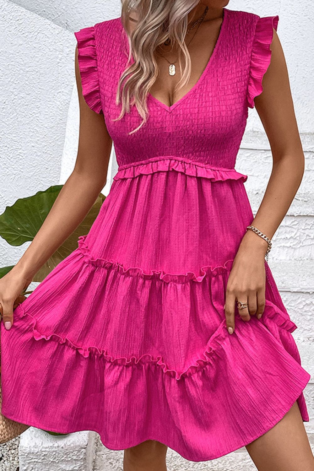 Smocked Frill Trim Deep V Dress - Flyclothing LLC