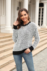 Printed Round Neck Dropped Shoulder Sweater - Flyclothing LLC