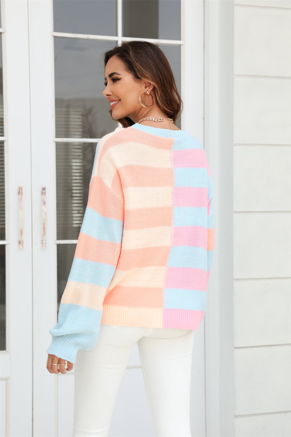 Round Neck Long Sleeve Color Block Dropped Shoulder Pullover Sweater - Flyclothing LLC