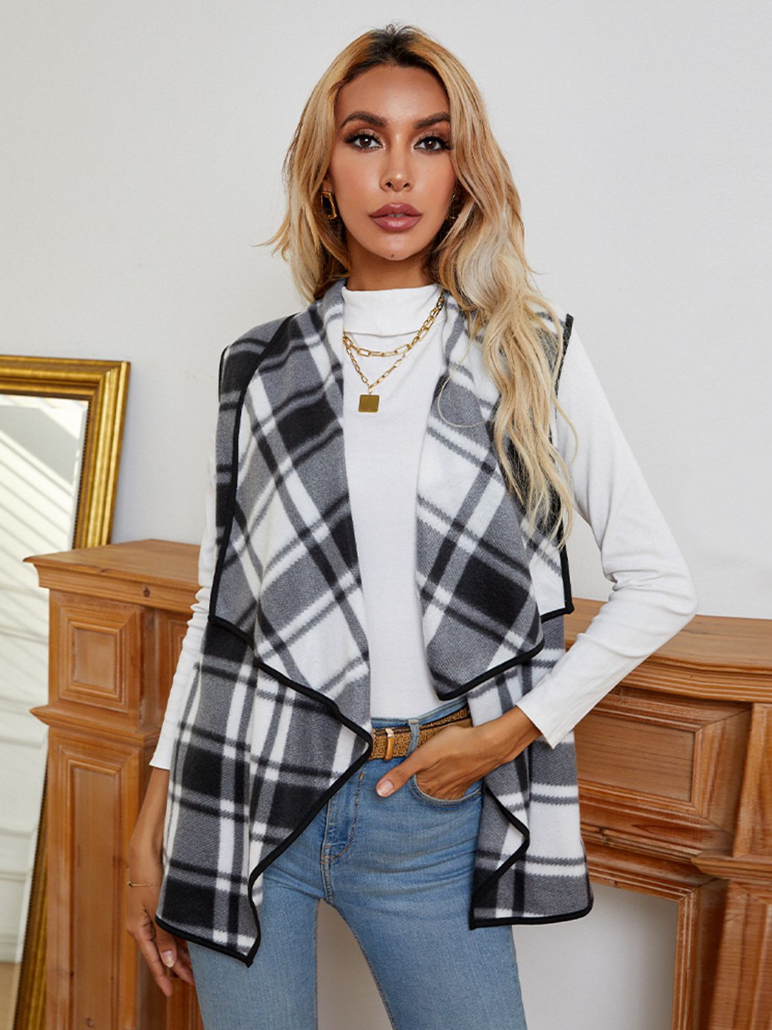 Plaid Open Front Vest - Flyclothing LLC