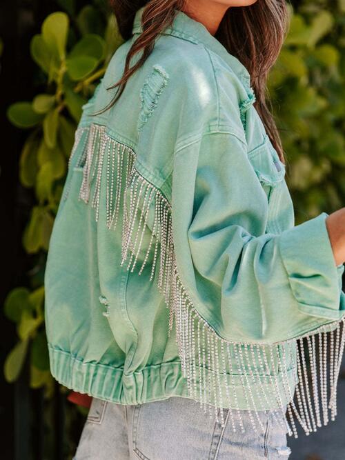 Fringed Chain Raw Hem Distressed Jacket - Flyclothing LLC