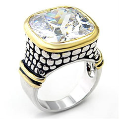 Alamode Reverse Two-Tone Brass Ring with AAA Grade CZ in Clear - Flyclothing LLC