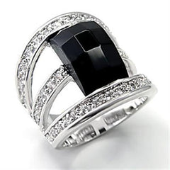 Alamode Rhodium Brass Ring with AAA Grade CZ in Jet - Flyclothing LLC