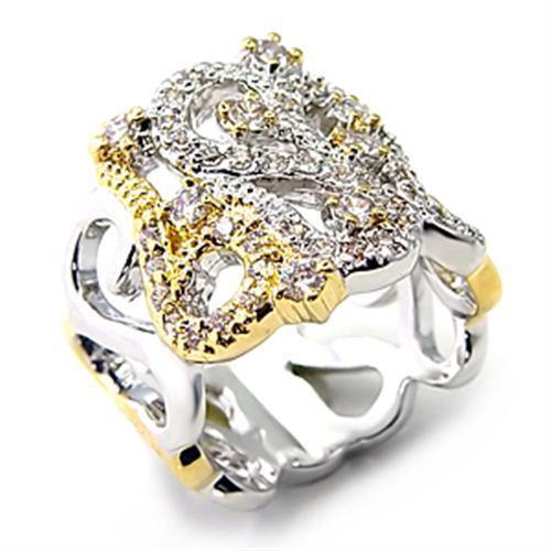 Alamode Reverse Two-Tone Brass Ring with AAA Grade CZ in Clear - Alamode