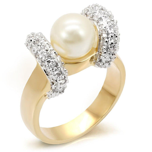 Alamode Gold+Rhodium Brass Ring with Synthetic Pearl in White