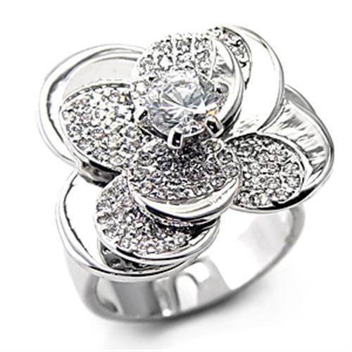 Alamode Rhodium Brass Ring with AAA Grade CZ in Clear - Alamode