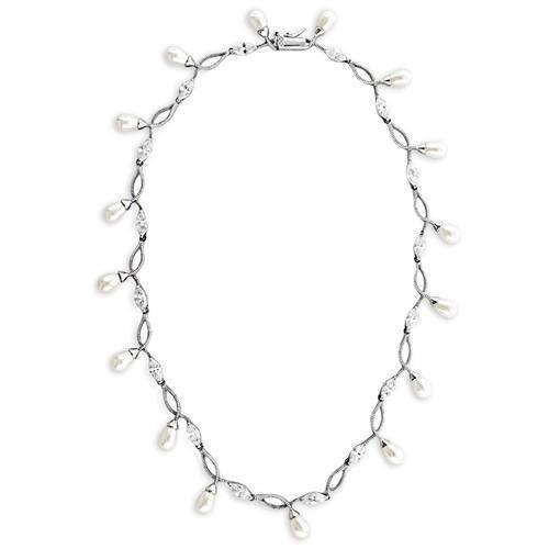 Alamode Rhodium 925 Sterling Silver Necklace with Synthetic Pearl in White