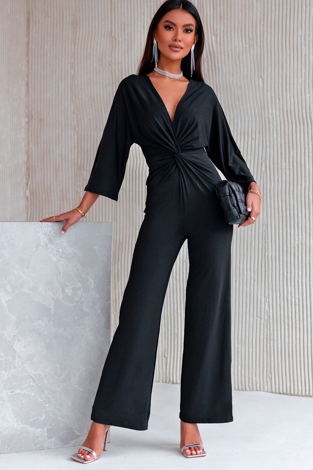 Twisted Plunge Three-Quarter Sleeve Jumpsuit - Flyclothing LLC