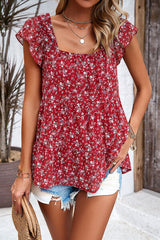 Printed Square Neck Cap Sleeve Blouse - Flyclothing LLC