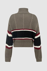 Cable-Knit Striped Quarter Zip Turtleneck Sweater - Trendsi