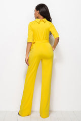 Mock Neck Tie-Waist Half Sleeve Jumpsuit - Flyclothing LLC