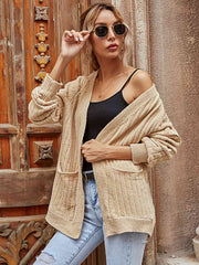 Ribbed Open Front Long Sleeve Cardigan with Pockets - Flyclothing LLC