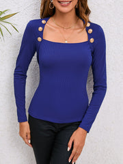 Decorative Button Long Sleeve Top - Flyclothing LLC