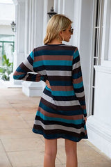 Striped Round Neck Long Sleeve Dress - Flyclothing LLC