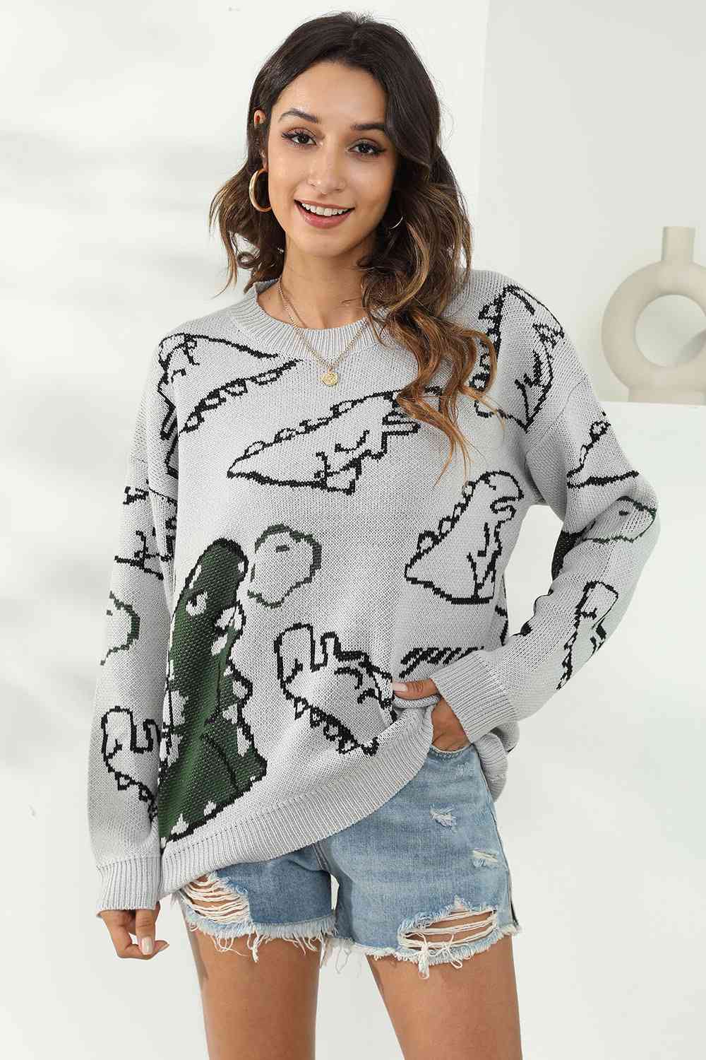 Dinosaur Print Pullover Sweater - Flyclothing LLC