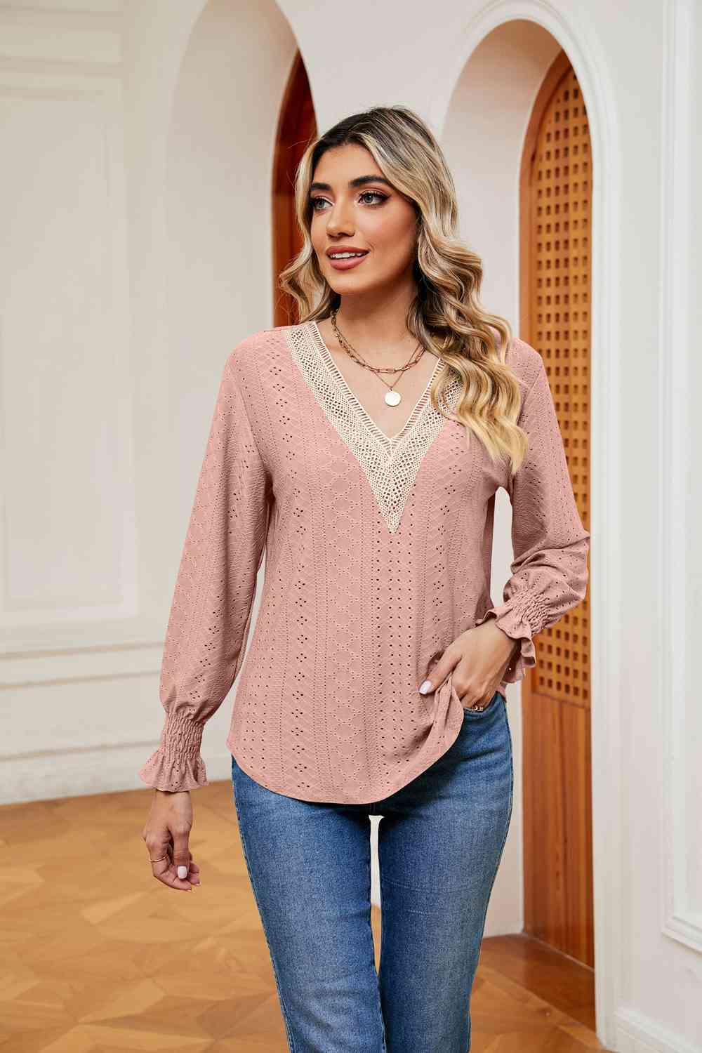 Contrast Flounce Sleeve Blouse - Flyclothing LLC