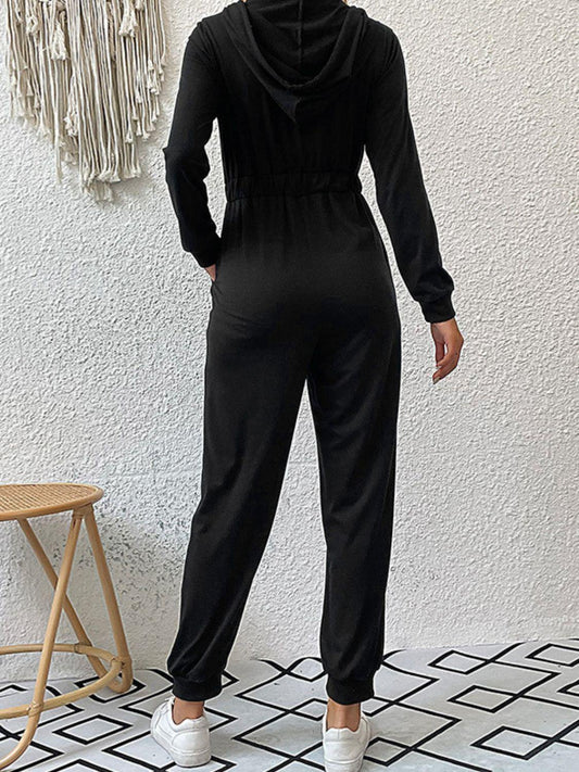 Zip Up Elastic Waist Hooded Jogger Jumpsuit - Flyclothing LLC