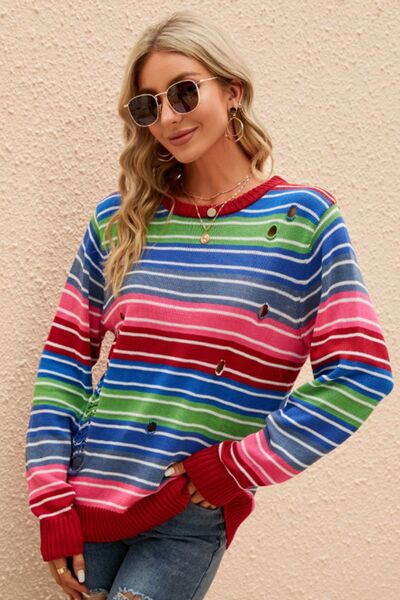 Striped Distressed Cutout Round Neck Sweater - Flyclothing LLC