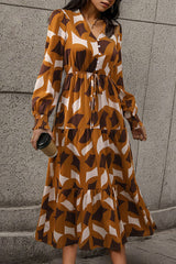 Printed Tied Pocketed Lantern Sleeve Dress - Flyclothing LLC