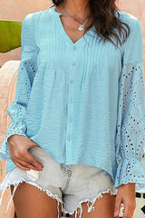 Crochet Flounce Sleeve Button Up Blouse - Flyclothing LLC