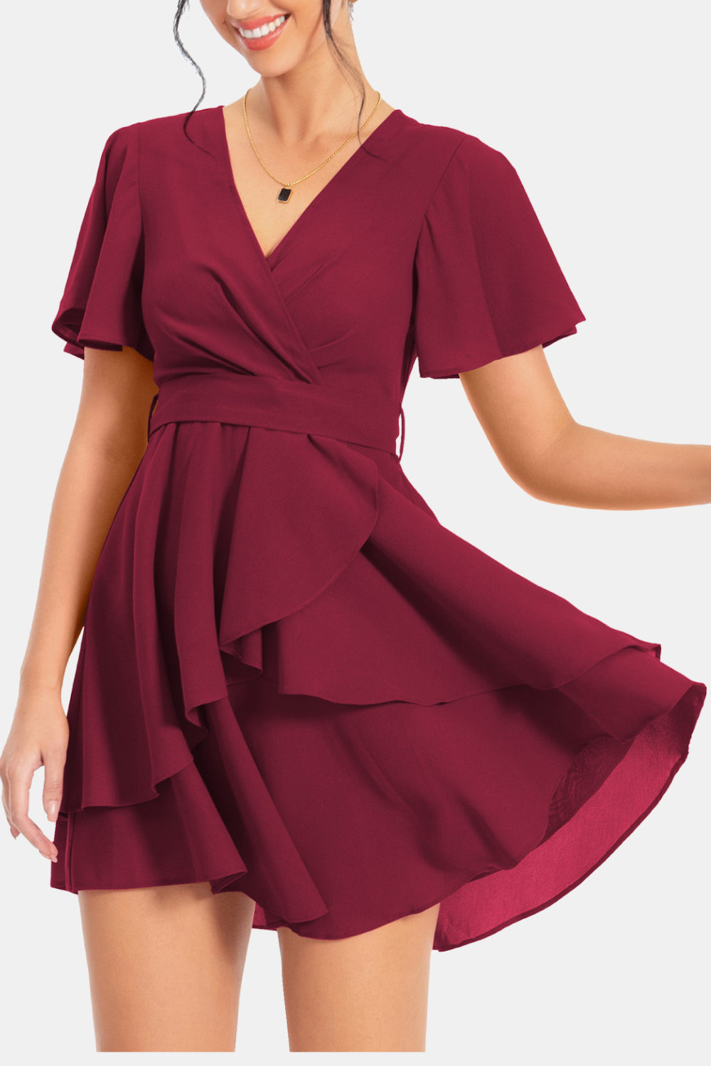 Surplice Neck Flutter Sleeve Dress - Flyclothing LLC