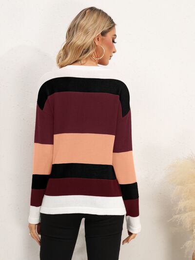 Striped Round Neck Dropped Shoulder Sweater - Flyclothing LLC