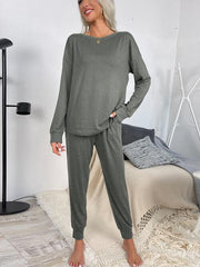 Round Neck Top and Drawstring Pants Lounge Set - Flyclothing LLC