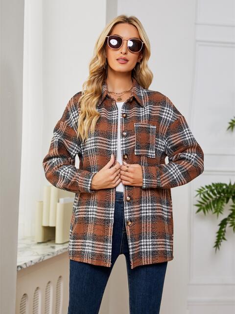 Plaid Collared Shirt Jacket - Flyclothing LLC