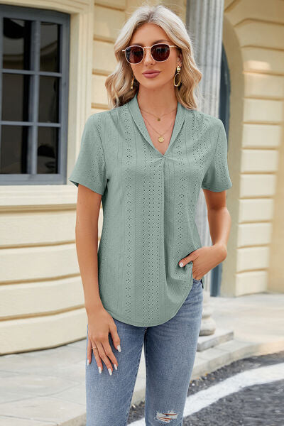 Eyelet Short Sleeve Blouse - Flyclothing LLC