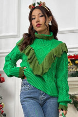 Cable-Knit Ruffled Mock Neck Lantern Sleeve Sweater - Trendsi