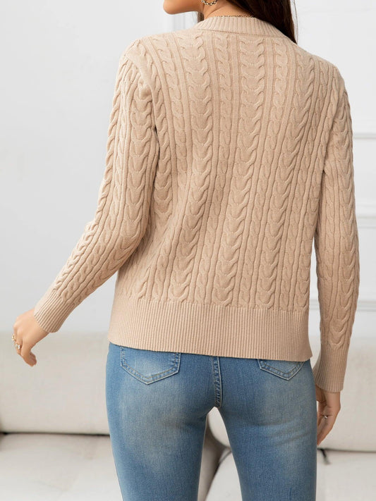 V-Neck Long Sleeve Cable-Knit Buttoned Knit Top - Flyclothing LLC