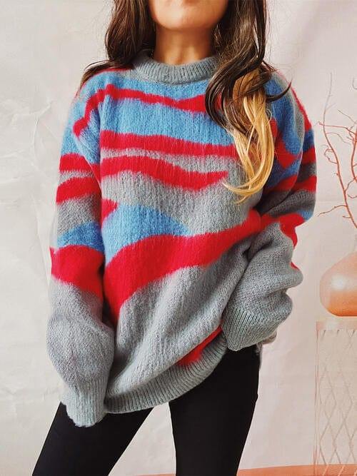 Color Block Round Neck Sweater - Trendsi