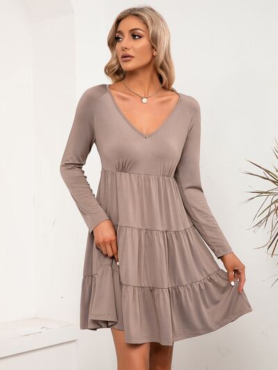 V-Neck Long Sleeve Tiered Dress - Flyclothing LLC