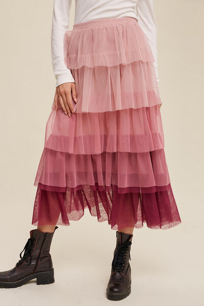 Elastic Waist Layered Tulle Midi Skirt - Flyclothing LLC