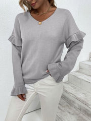 Ruffled V-Neck Dropped Shoulder Sweater - Flyclothing LLC