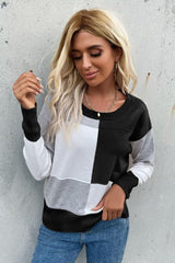 Color Block Ribbed Trim Round Neck Knit Pullover - Trendsi