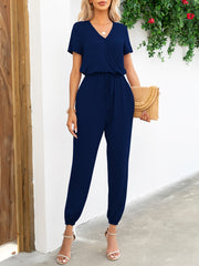 Short Sleeve V-Neck Jumpsuit with Pockets - Flyclothing LLC