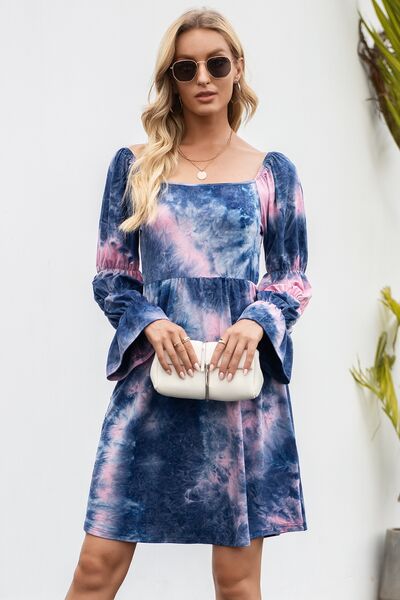 Tie-Dye Square Neck Flounce Sleeve Dress - Flyclothing LLC