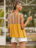 Striped Tie Neck Short Sleeve Blouse - Flyclothing LLC