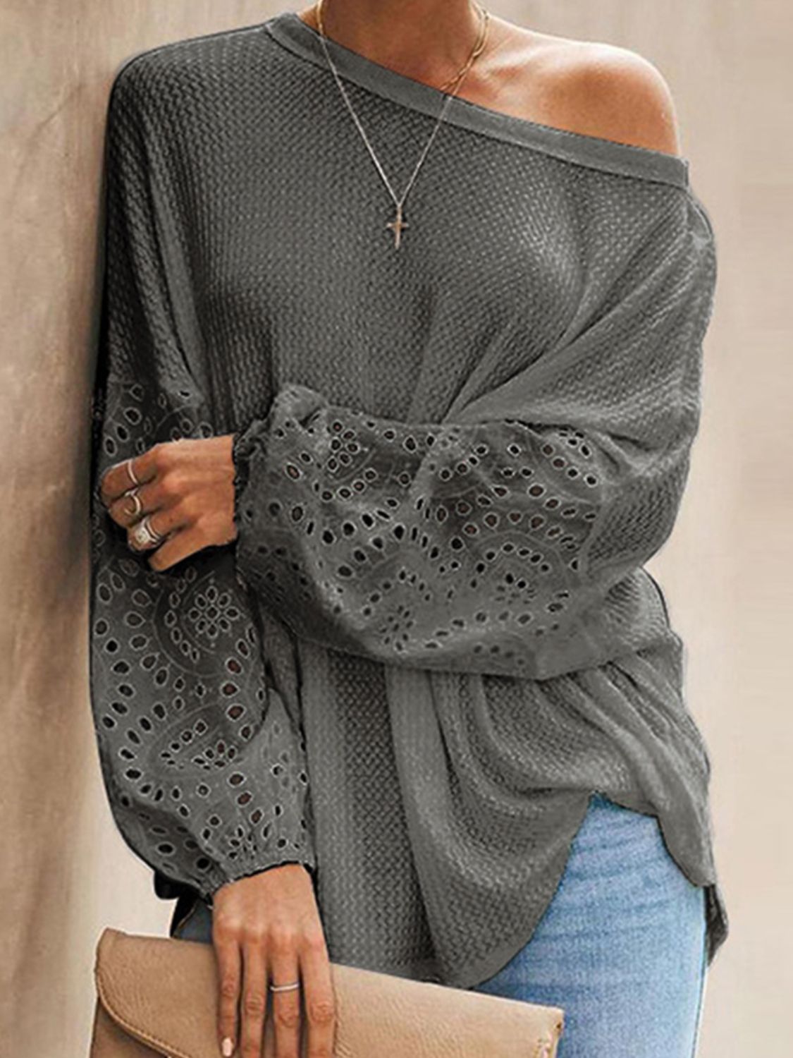 Openwork Dropped Shoulder Boat Neck Blouse - Flyclothing LLC