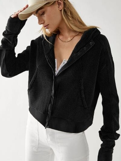 Waffle-Knit Dropped Shoulder Hooded Jacket - Flyclothing LLC