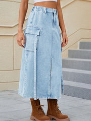 Slit Pocketed High Waist Denim Skirt - Flyclothing LLC