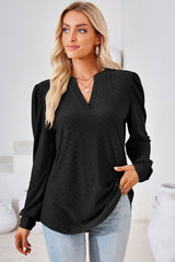 Ruched Notched Long Sleeve T-Shirt - Flyclothing LLC