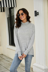 Heathered Slit High-Low Long Sleeve Top - Trendsi