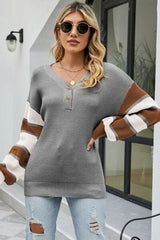 Color Block V-Neck Dropped Shoulder Sweater - Trendsi