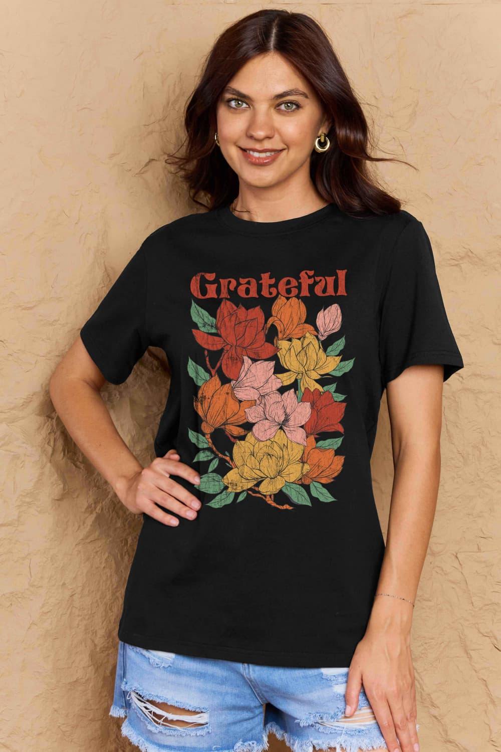 Simply Love Full Size GRATEFUL Flower Graphic Cotton T-Shirt - Flyclothing LLC