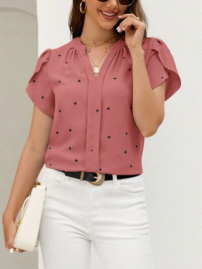 Heart Print Notched Petal Sleeve Blouse - Flyclothing LLC