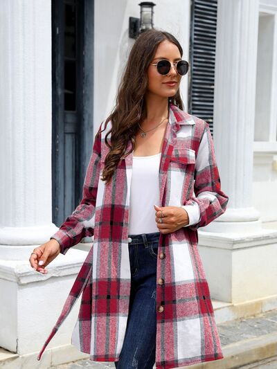 Plaid Belted Collared Neck Button Up Jacket - Flyclothing LLC