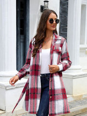 Plaid Belted Collared Neck Button Up Jacket - Flyclothing LLC